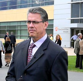 Site Director at the Glaxo-Smith-Kline Biologicals laboratory in Hamilton, Michael Covarrubias, served as Master of Ceremonies at the 30th anniversary celebration of the lab site held Tuesday, June 7. Michael Howell photo.