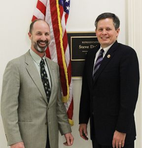 Congressman Steve Daines welcomes Ravalli County Commissioner Greg Chilcott, left, to Daines’ office in Washington, D.C. Chilcott also serves as president of the Montana Association of Counties.